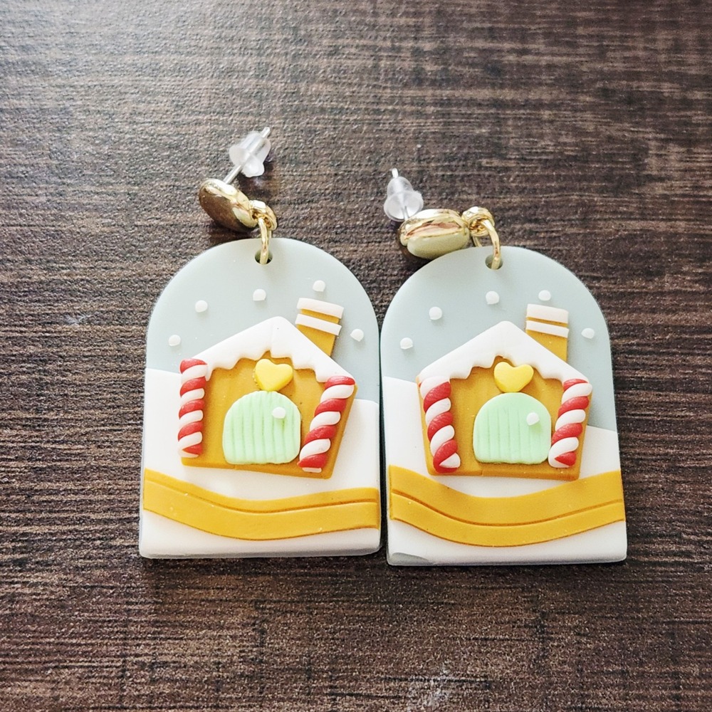Handmade Christmas Gingerbread House Polymer Clay Arch Dangle Earrings Blue
